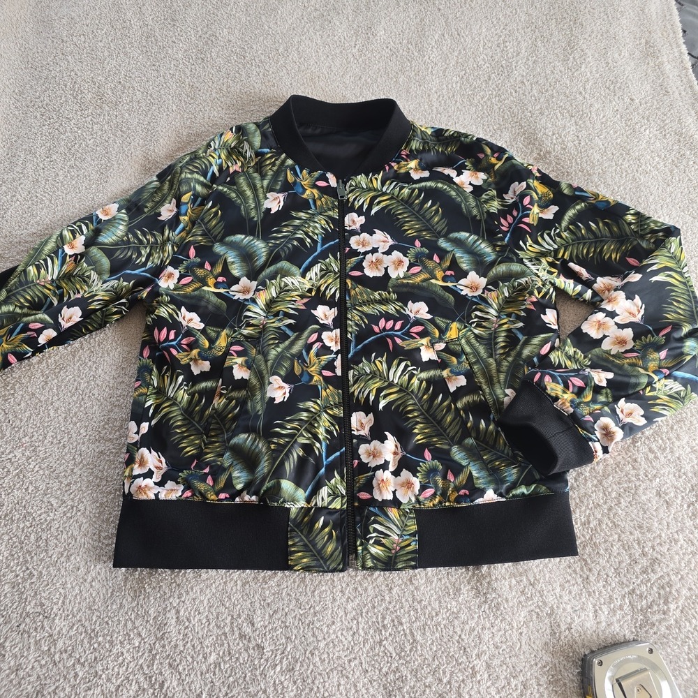 H&M Men's Tropical Floral/black Reversible Bomber Jacket Full-zip L Satin Feel